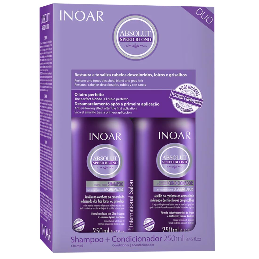 INOAR – Absolut Speed Blond Shampoo & Conditioner Set Designed for Bleached, Blonde, Brassy, and Grey Hair Types, Vegan Hair Product, Cruelty Free Haircare for Men and Women (2 Bottles, 8.5oz. each)
