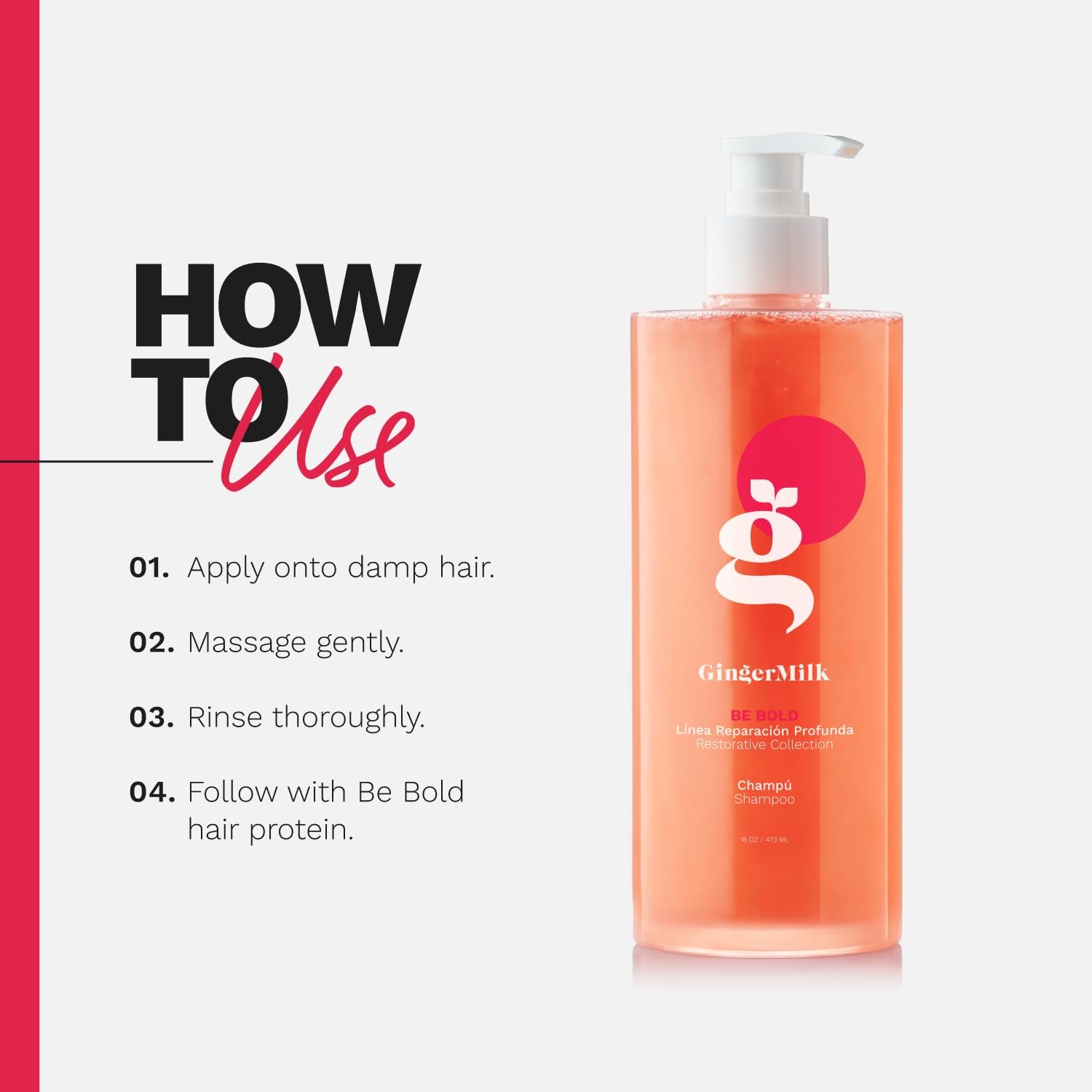 Ginger Milk Natural Care Intensive Repair Shampoo for Dry/Damaged Hair due to Coloring, Chemical Processes, hot styling tools and dryers | BE BOLD (8 oz fl.)