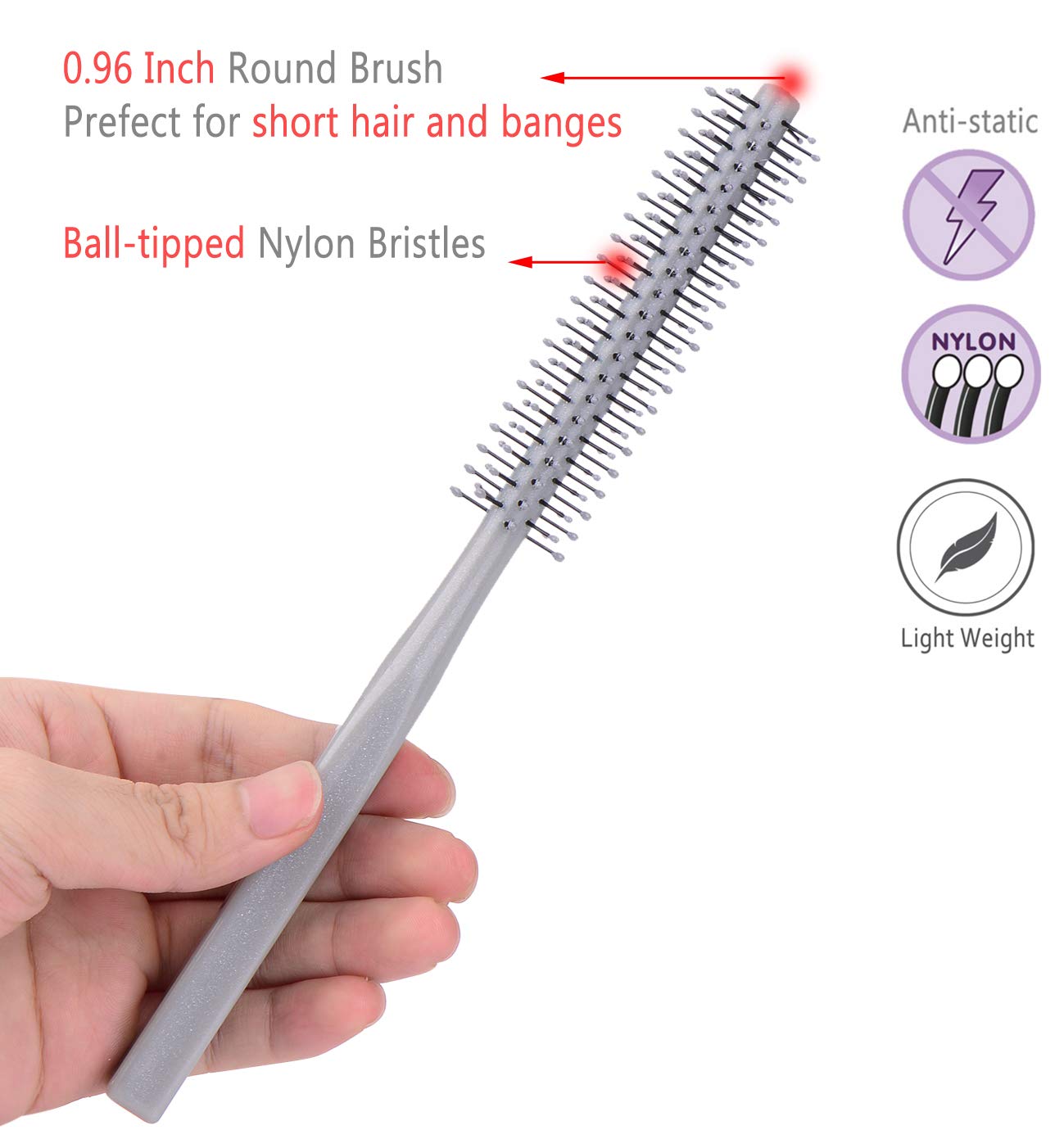 Small Mini Plastic Round Hair Styling Brush with Nylon Bristle for Short Hair Blow Drying, 1 Inch Diameter Barrel