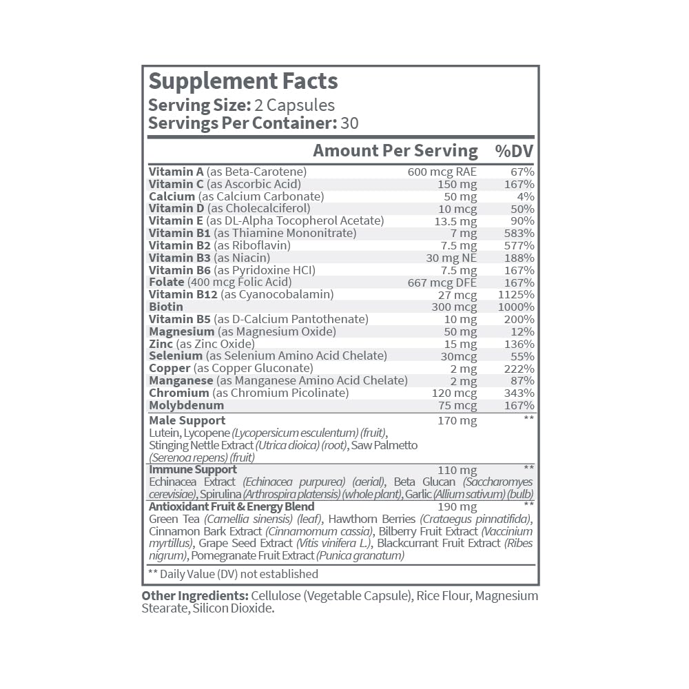 USA Medical Men’s Multivitamin Capsules - Complete Vitamin & Mineral Supplement for Daily Men’s Health with Saw Palmetto, Lycopene, and Zinc - Prostate Health, Energy, and Sleep | 60 Capsules