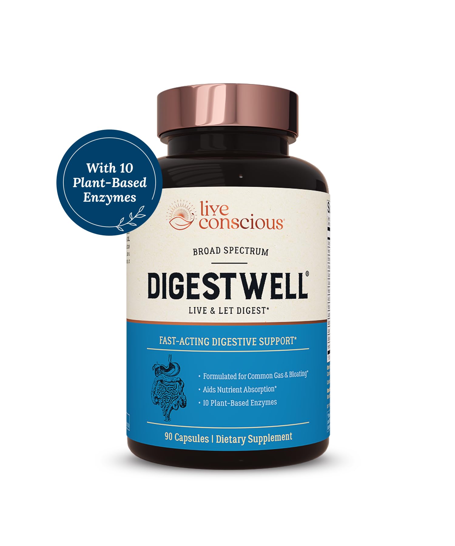 Live Conscious DigestWell Immediate Support - Fast-Acting Digestive Support | Broad Spectrum Enzyme, Probiotic & Herbal Formula - Decreases Everyday Gas & Bloating - 90 Capsules