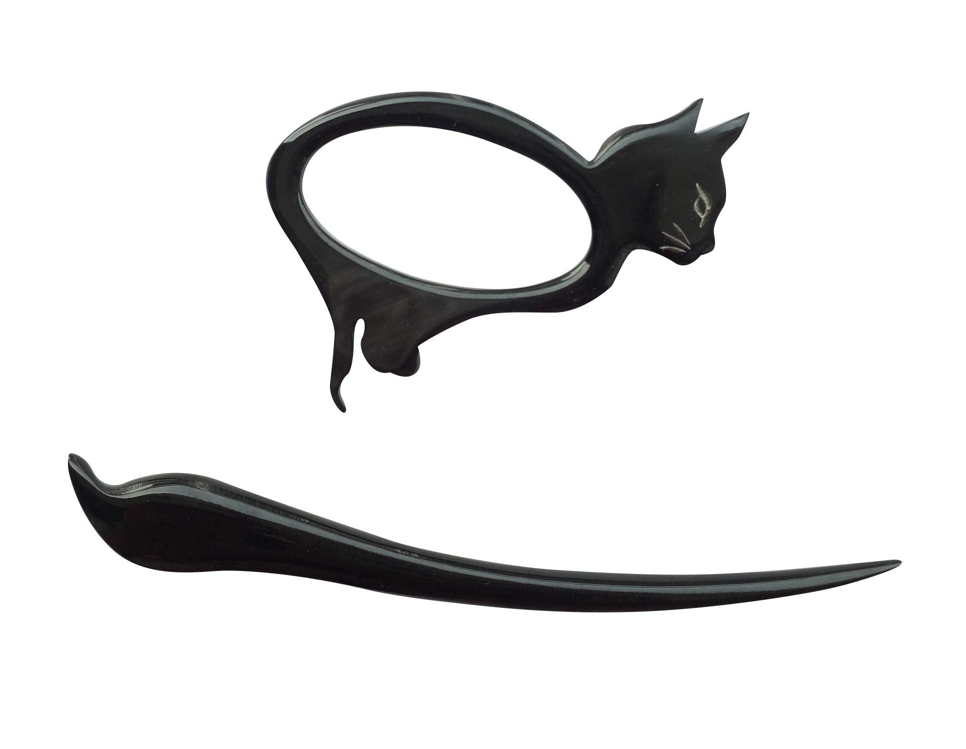 Marycrafts Black Brown Buffalo Horn Cat Kitten Shawl Pin, Hair Pin Accessory Handmade