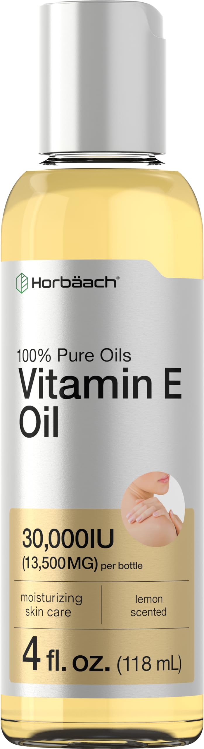 Horbäach Vitamin E Oil For Skin and Face | 30,000 IU | 4 fl oz | 100% Pure Oils | Moisturizing Skin Care | Non-GMO, Vegetarian | Lemon Scented