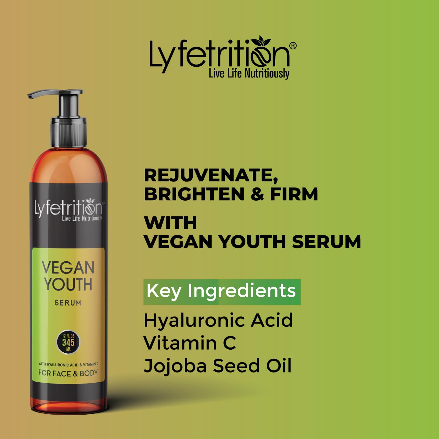 Lyfetrition Vegan Youth | 12 Fl oz Large Bottle | Anti-Aging And Wrinkle Serum | (Skin and Face Formula).