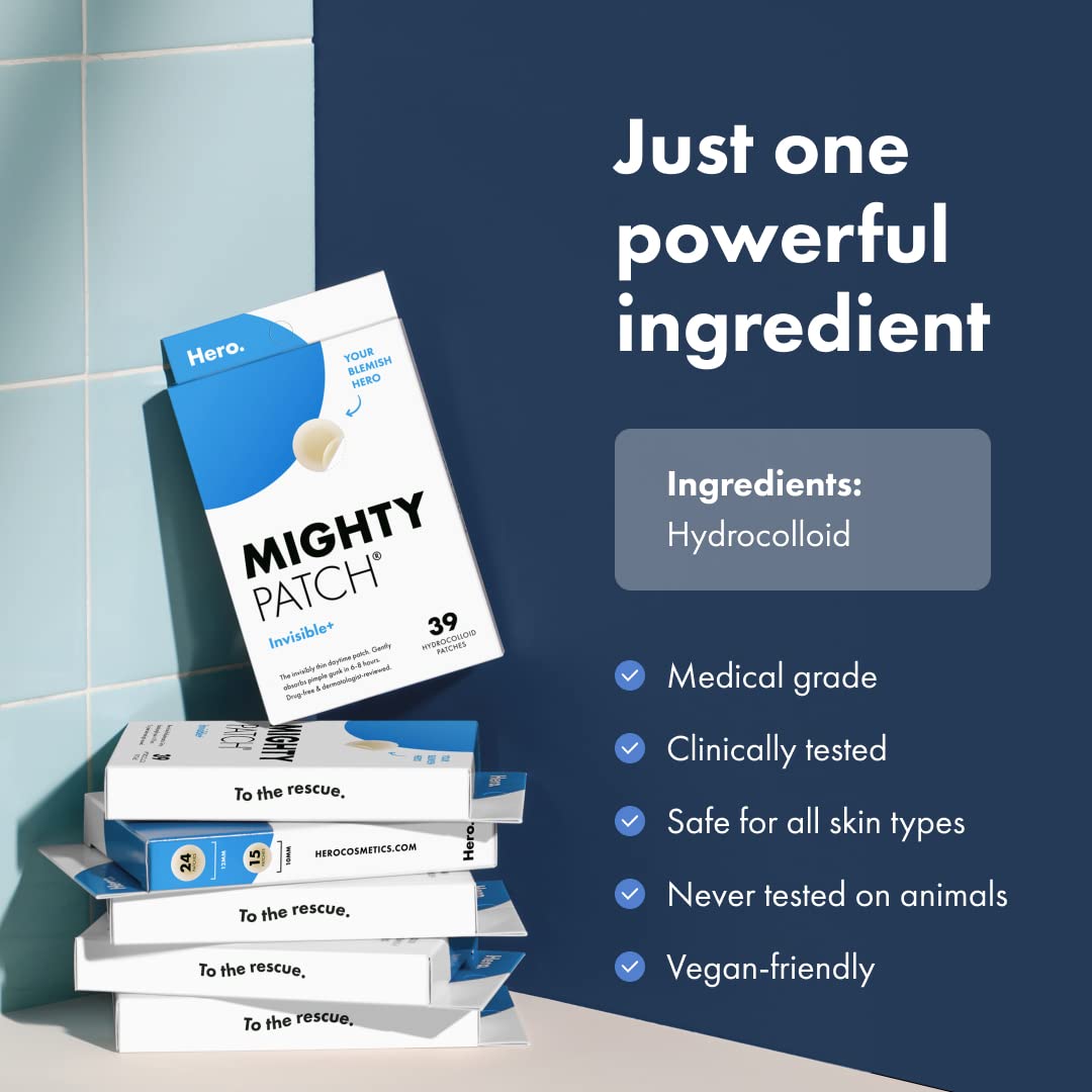 Mighty Patch™ Invisible+ Patch - Daytime Hydrocolloid Acne Pimple Patches for Covering Zits and Blemishes, Ultra Thin Spot Stickers for Face and Skin (24 Medium and 15 Small Patches)