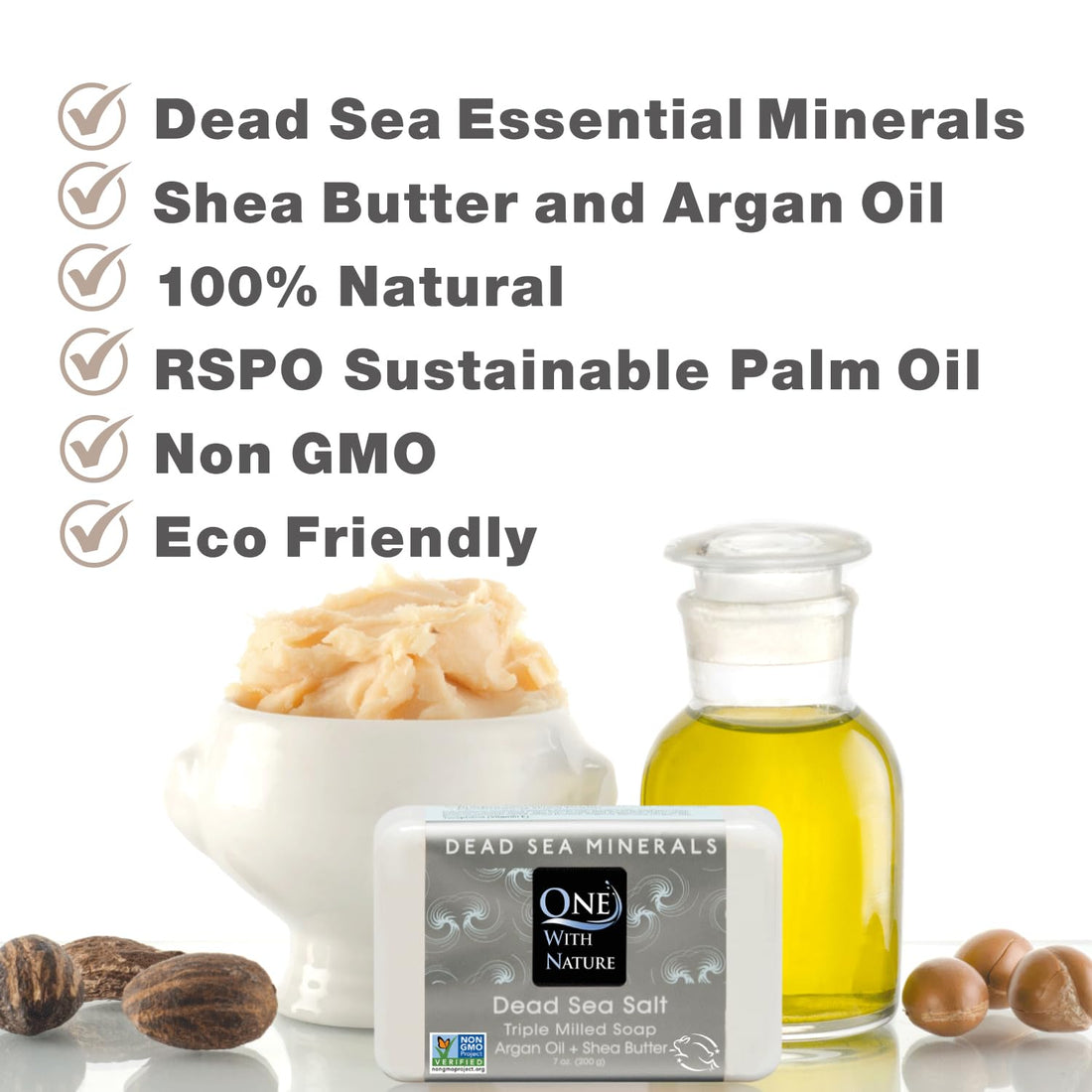 One With Nature Dead Sea Mineral Salt Soap 4oz 3Pk with Argan Oil & Shea Butter - Dead Sea Salt Contains Magnesium, Sulfur & 21 Essential Minerals - All Skin Types, Acne, Eczema - Fragrance Free