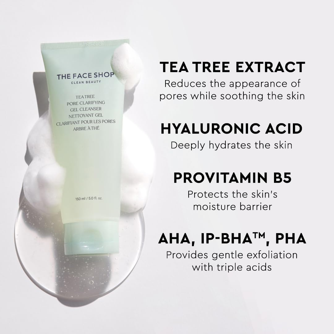 THE FACE SHOP Tea Tree Pore Clarifying Gel Cleanser | Gentle Facial Foam Cleanser for Acne-Prone Skin | Removes Excessive Sebum with Soothing Effect | 5.0 fl. Oz,K-Beauty