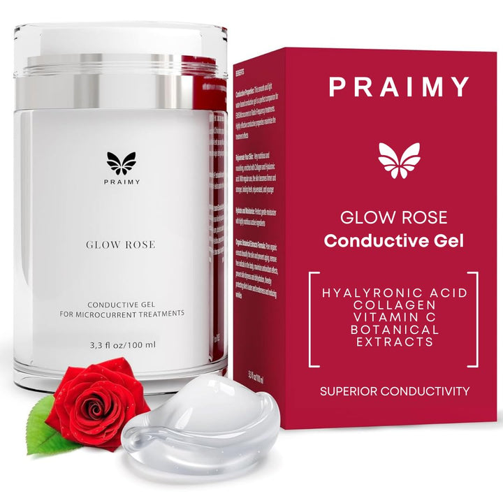 PRAIMY GLOW ROSE Premium Microcurrent Conductive Gel for Face | Facial RF Treatment Microcurrent Activator with Hyaluronic Acid, Collagen & Vitamin C for All Devices NuFace, FOREO, ZIIP (3.3oz)