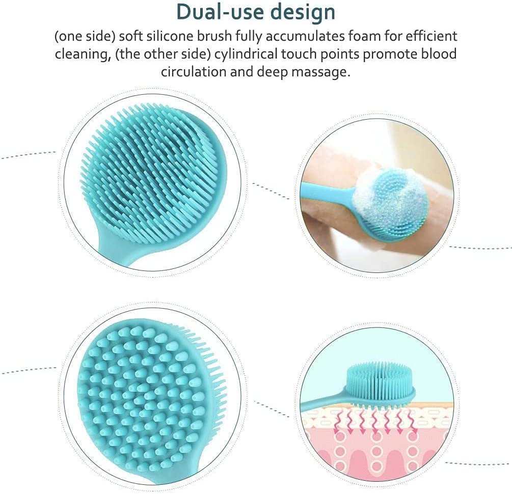 BAOOOFU Silicone Back Brush Long Handle Soft Body Brush for Shower Exfoliating Body Scrubber, Back Scrubber for Elderly Men Women, Hook Provided (Blue)