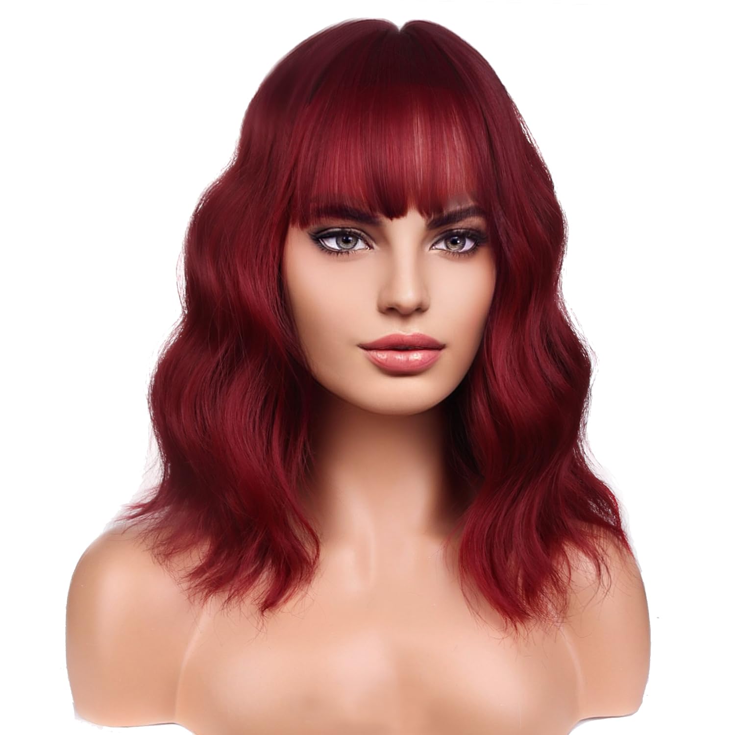 RightOn 14'' Short Curly Women Girl's Charming Synthetic Wig with Air Bangs + Free Wig Cap (Wine Red)