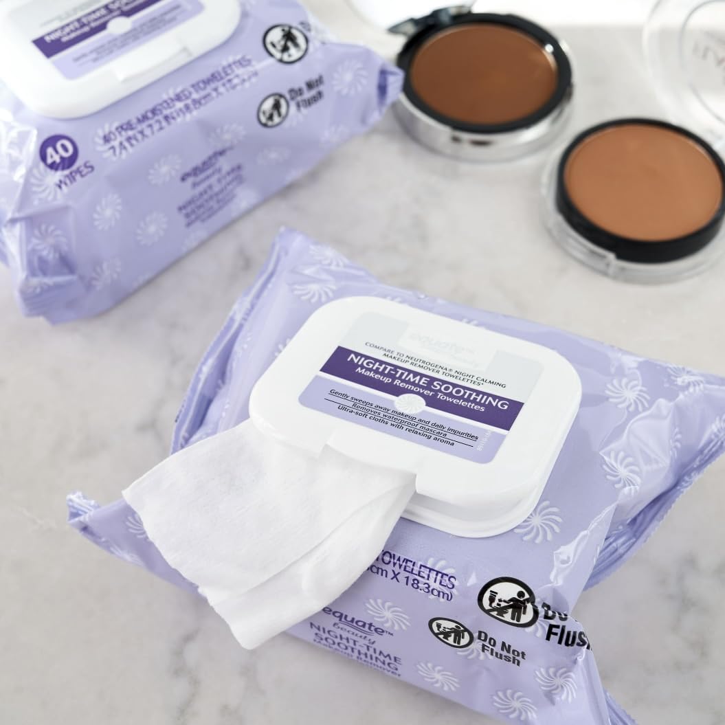 Equate Pre-Moistened Night-Time Soothing Makeup Remover Towelettes, 80 Ct, 2 Pk