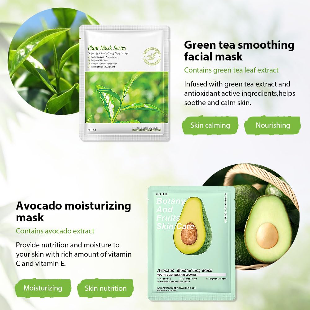 6 PCS Real Nature Hydrating Green Tea Honey Aloe Vera Face Mask skincare, Hyaluronic Acid, Vitamin C and E, Chamomile, Korean Beauty Essence Facial Paper Sheet Mask for SkinCare Moisturizing(Set01)
