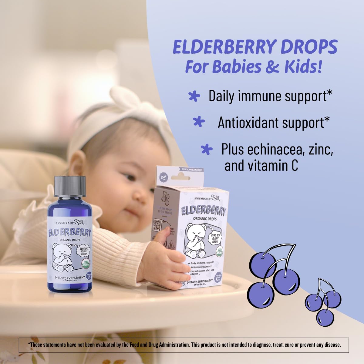 Legendairy Milk Organic Elderberry Drops - Baby Multivitamin with Echinacea, Vitamin C & Zinc for Immune Support - Ideal for Babies & Toddlers, Non-GMO - 30 Servings