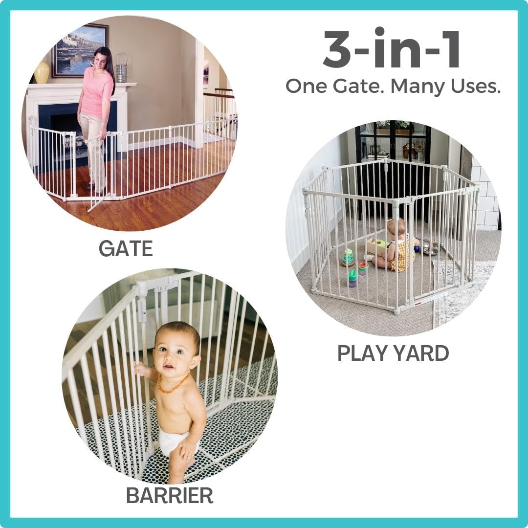 Toddleroo by North States 3 in 1 Metal Superyard 6 Panel Play Yard, Baby Gate, Playpen or Extra Wide Baby Fence, 151 Wide. Wall Mount Kit Included. 10 sq ft play yard (30 tall, Taupe)