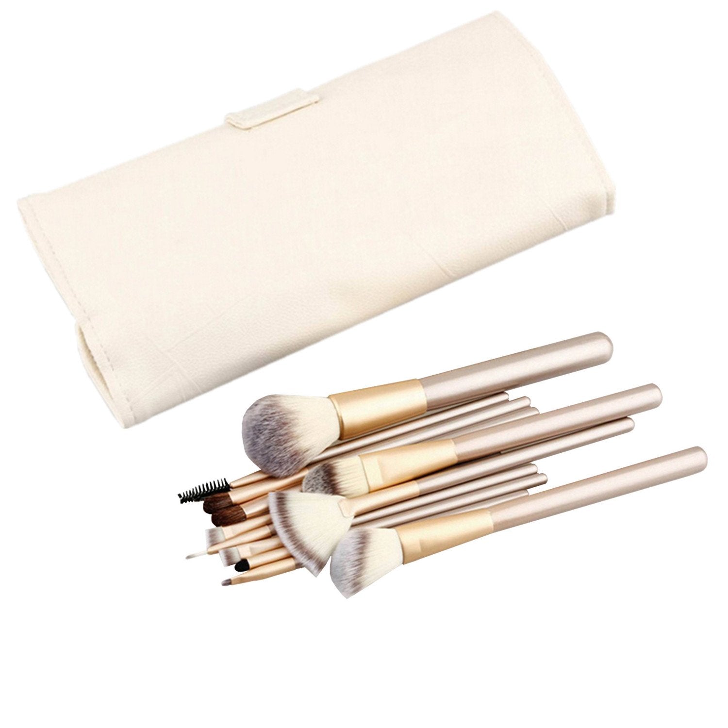 12 Piece Makeup Brushes Set | Horse Hair Professional Kabuki Makeup Brush Set Cosmetics Foundation Makeup Brushes Set Kits With White Cream Colored Case Bag