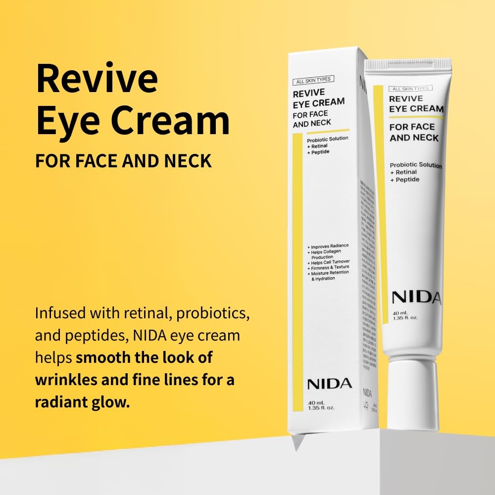 NIDA Revive Eye Cream For Face And Neck | Probiotic Solution, Retinal, Peptide | Wrinkles, Fine Lines, Cell Turnover, Firm Skin Texture, Radiant Skin, Moisture Retention | 1.35 fl. oz., 40ml