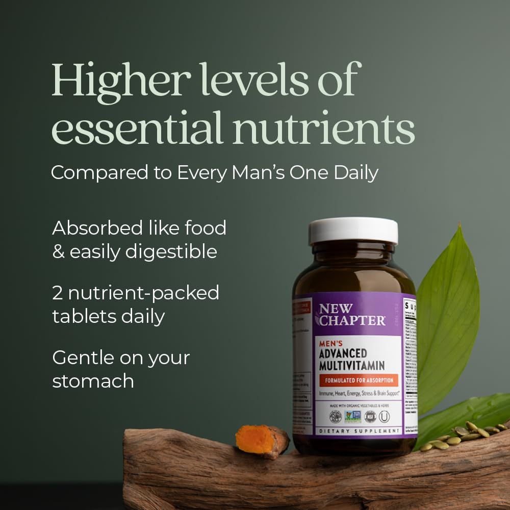 New Chapter Men's Multivitamin Advanced Formula for Stress, Brain, Immune, Heart & Energy Support, Higher Levels of Whole-Food Fermented Essential Nutrients for Men + Selenium + B Vitamins, 120 ct