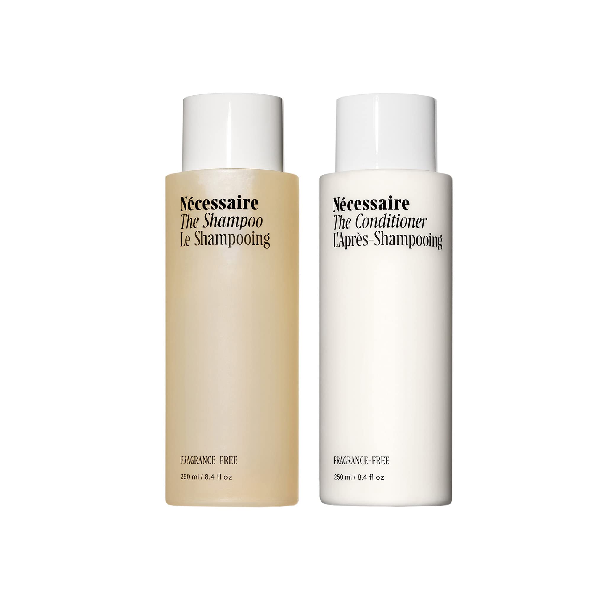 Nécessaire The Hair Duo - Shampoo and Conditioner Set 2 x Full-Size. The Shampoo + The Conditioner. Hyaluronic Acid + Vitamin B Complex. Fragrance-Free. Approved by the National Eczema Association.