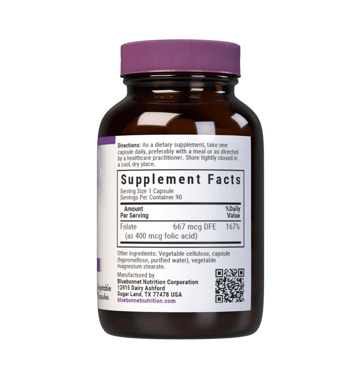 Bluebonnet Nutrition Folic Acid 400 mcg, Prenatal & Postnatal Health*, Non-GMO, Vegan, Kosher Certified, Gluten-Free, Soy-Free, Dairy-Free, 90 Vegetable Capsules, 90 Servings