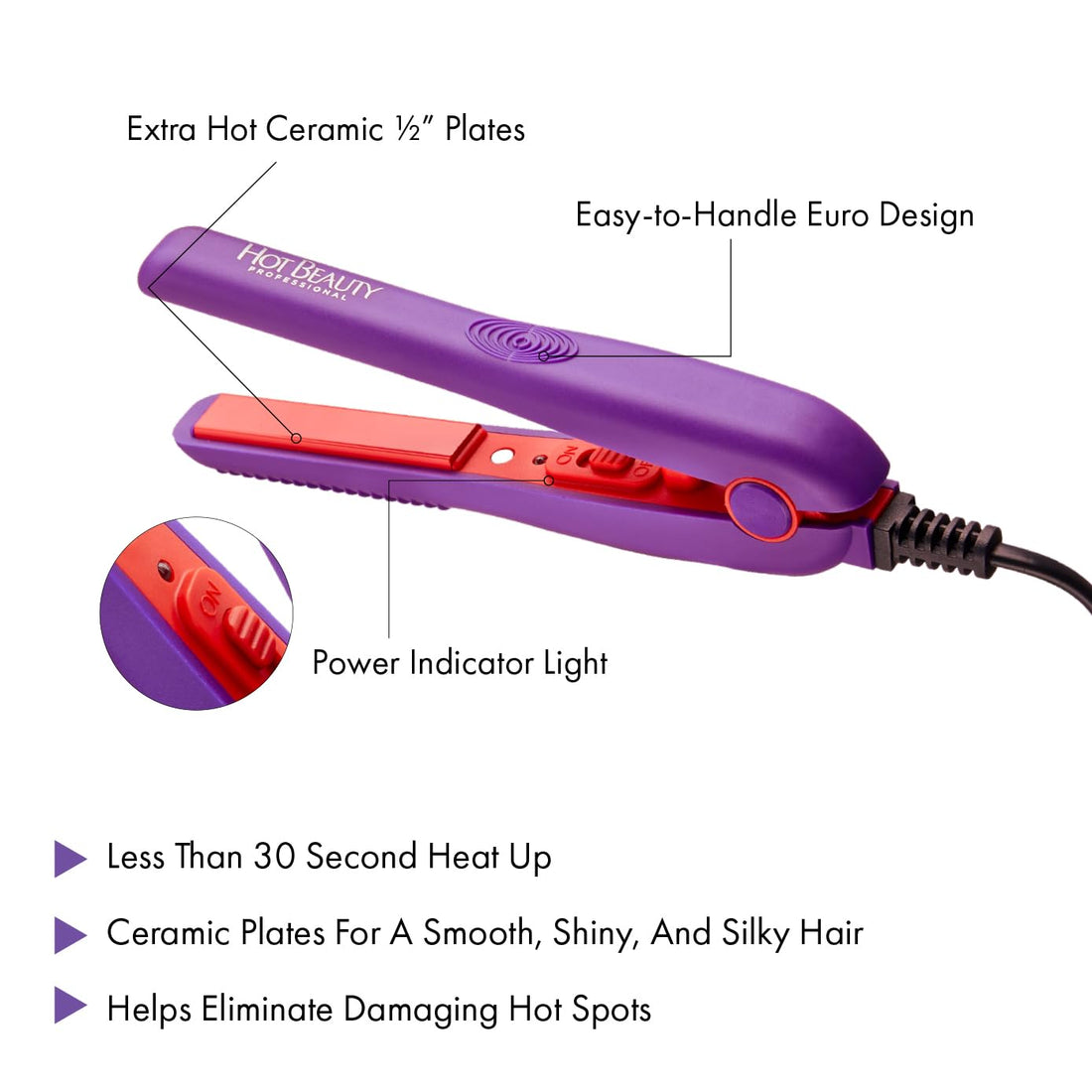 Hot Beauty Professional Ceramic Mini Flat Iron 1/2 Anti-Frizz Extreme Smooth- (Violet HFIM050NV)
