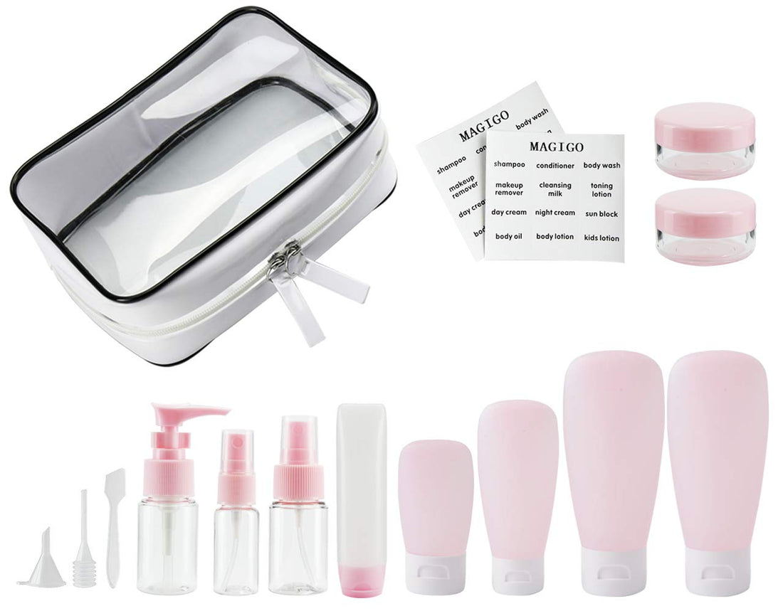 MAGIGO Pink Toiletries Leak Proof Travel Bottle Set (16 Pack), TSA Approved Airline Carry-On with Clear Bags for Women