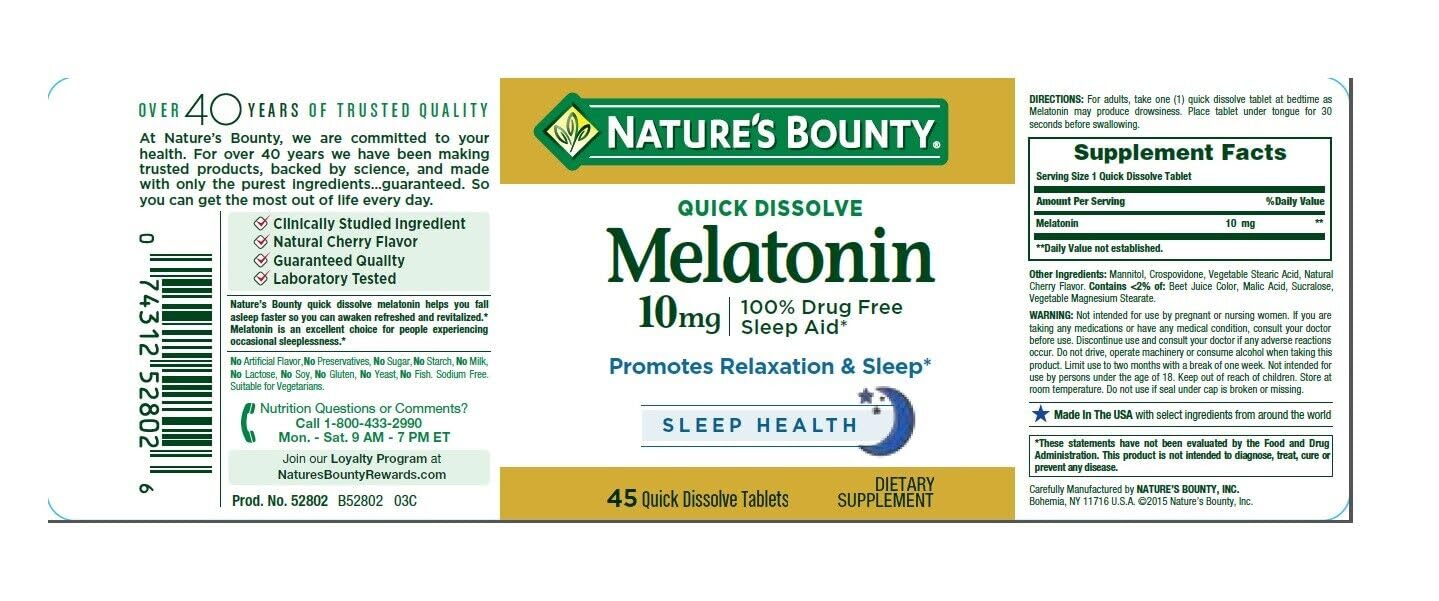 Nature's Bounty Melatonin 10 mg Quick Dissolve Tablets 45 ea (Pack of 6)