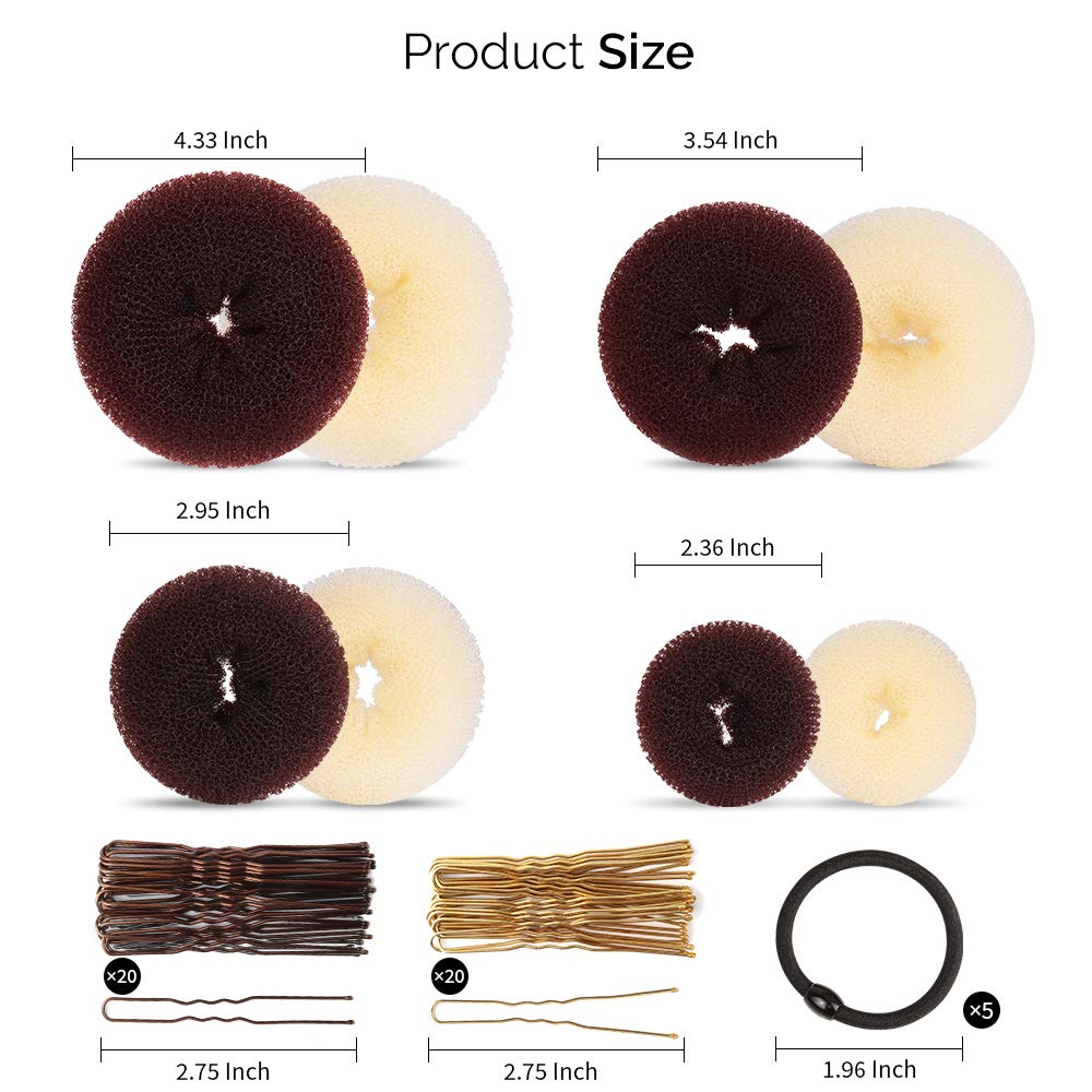 Hair Bun Maker Set, FANDAMEI Donut Bun Maker Set With 4pcs Dark Brown &4pcs Beige(2 extra-large,2 large,2 medium and 2 small), 5 pieces Hair Elastic Bands, 40 pieces Hair Bobby Pins (Brown and Gold)