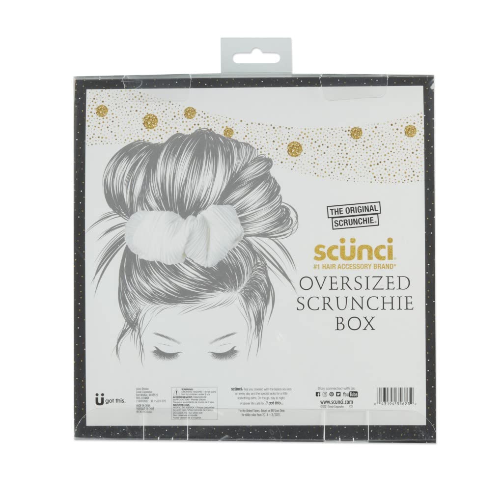 The Original Scrunchie® Jumbo XL Fashion Oversized Fabulous Fabric Gift Box Includes 2 Unique Designs: White Pleated Satin & Luxury Black Jacquard in Acrylic Presentation Box