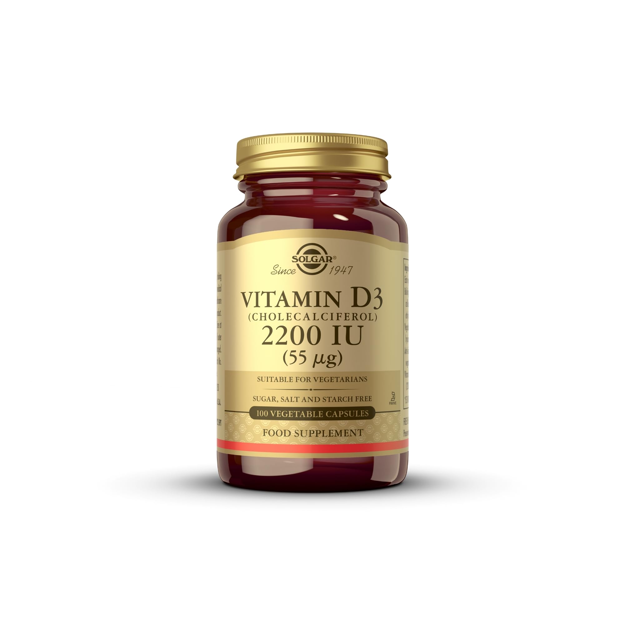 Solgar Vitamin D3 (Cholecalciferol) 55 mcg (2200 IU), 100 Vegetable Capsules - Helps Maintain Healthy Bones & Teeth - Immune System Support - Non-GMO, Gluten Free, Dairy Free, Kosher - 100 Servings