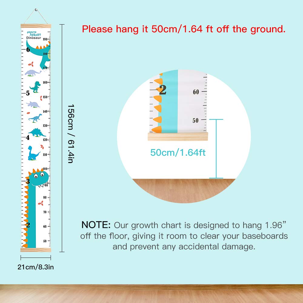 Growth Chart for Kids, Height Chart for Kids/Boys/Girls/Baby, Canvas & Wooden, Removable Growth Height Chart, Wall Room Decor - Dinosaur