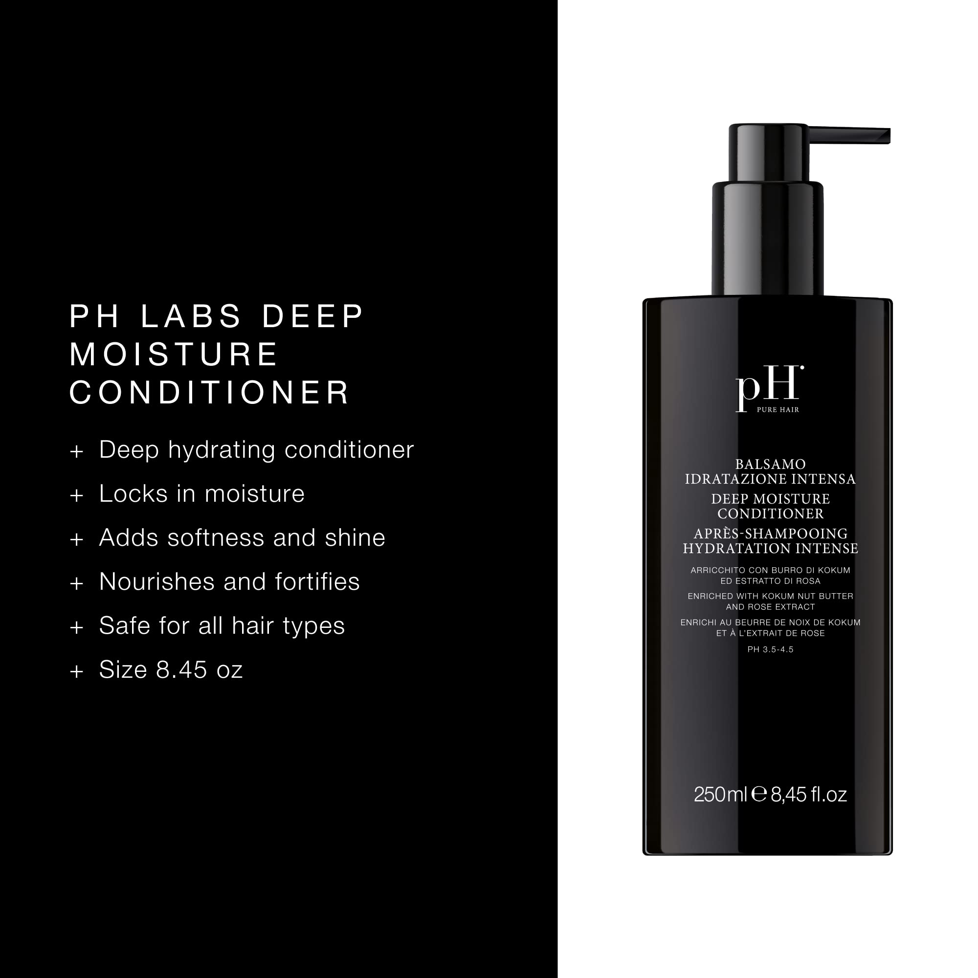 pH PURE HAIR Deep Moisture Conditioner - Intense Hydration for Dry, Damaged Hair - Deep Conditioning Treatment with Kokum Nut Butter & Rose Extract for Frizz-Free, Soft, Smooth Hair - 8.45 Oz