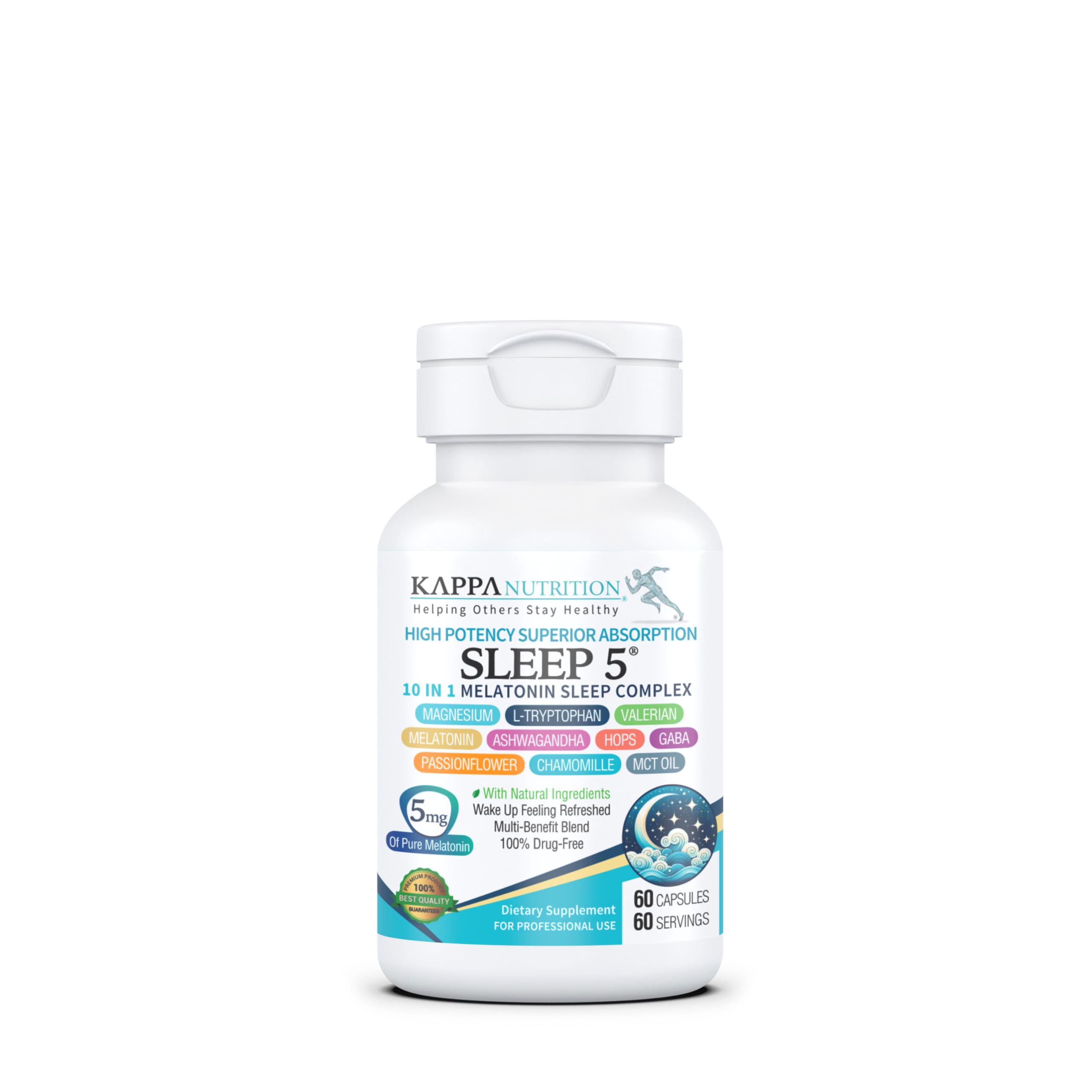 KAPPA NUTRITION Sleep 5, Sleep Aid, 5mg of Melatonin, 60-Day Supply, Non-Habit Forming Vegan Capsules Natural Ingredients for Easier Bedtime, Herbal Supplement, Valerian Root, Chamomile Non-GMO