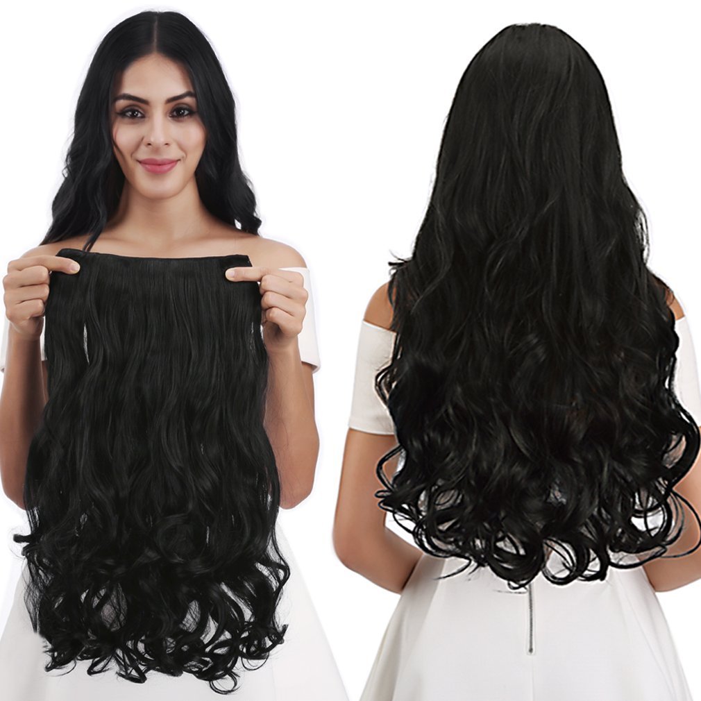 REECHO 20 1-Pack 3/4 Full Head Curly Wave Clips in on Synthetic Hair Extensions Hairpieces for Women 5 Clips 4.6 Oz per Piece - Natural Black