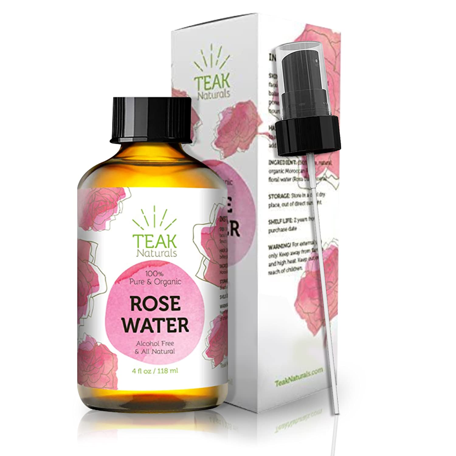 118 ml : ROSE WATER TONER by Teak Naturals - 100% Organic Natural Moroccan Rosewater (Chemical Free) - 4 oz