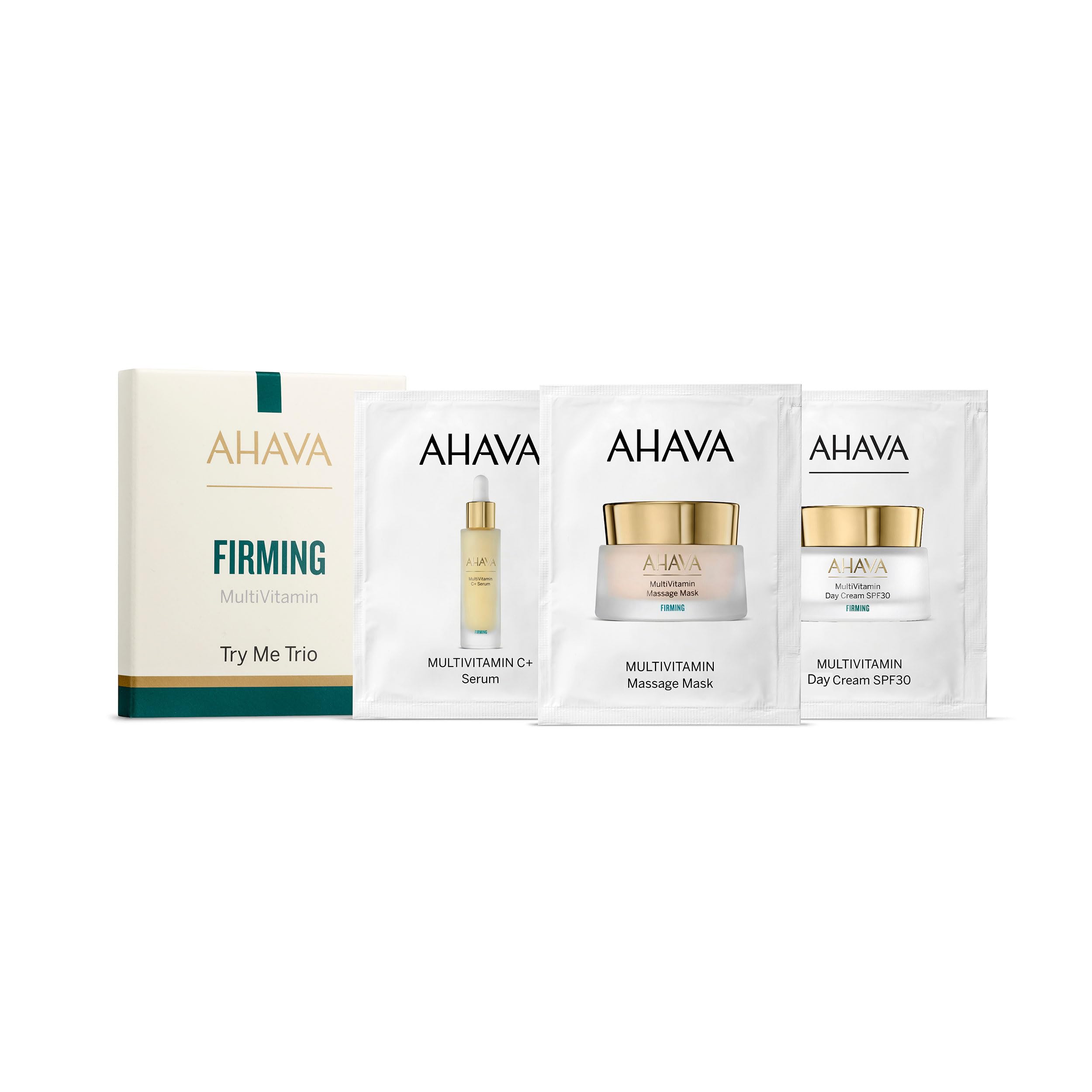 AHAVA Firming Sachet Kit- Multivitamin Massage Mask, Day Cream SPF 30 & C+ Serum- Enhances Firmness, Luminosity & Radiance, Enriched with Vitamin C, D, E, Pro B5, Osmoter, Niacinamide & Panthenol- 3ml
