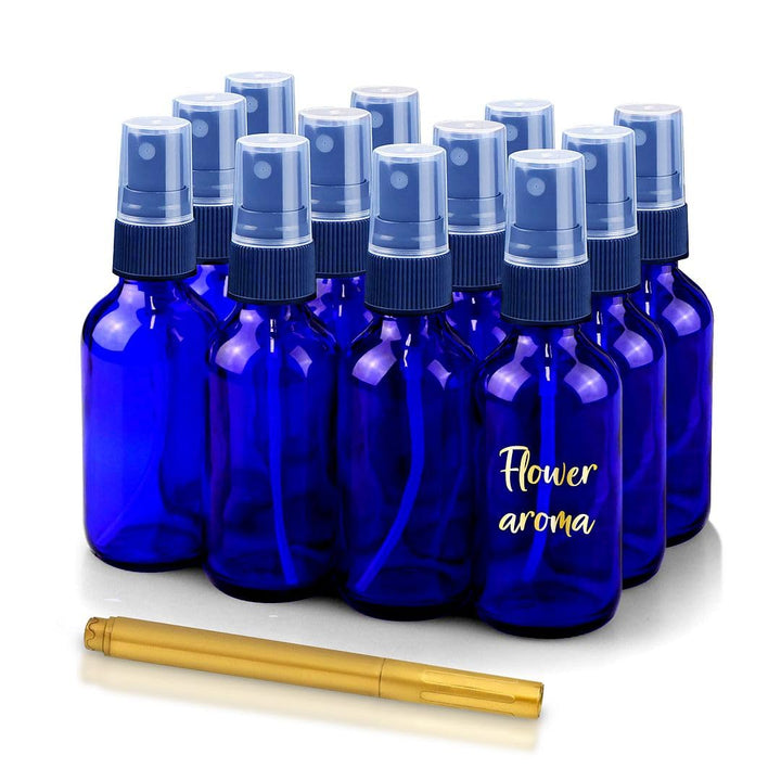 Culinaire 2oz Glass Spray Bottles with Gold Pen Marker, Small Spray Bottle for Hair Spray, Essential Oil, Colognes, and Hand Sanitizers, Blue, Pack of 12
