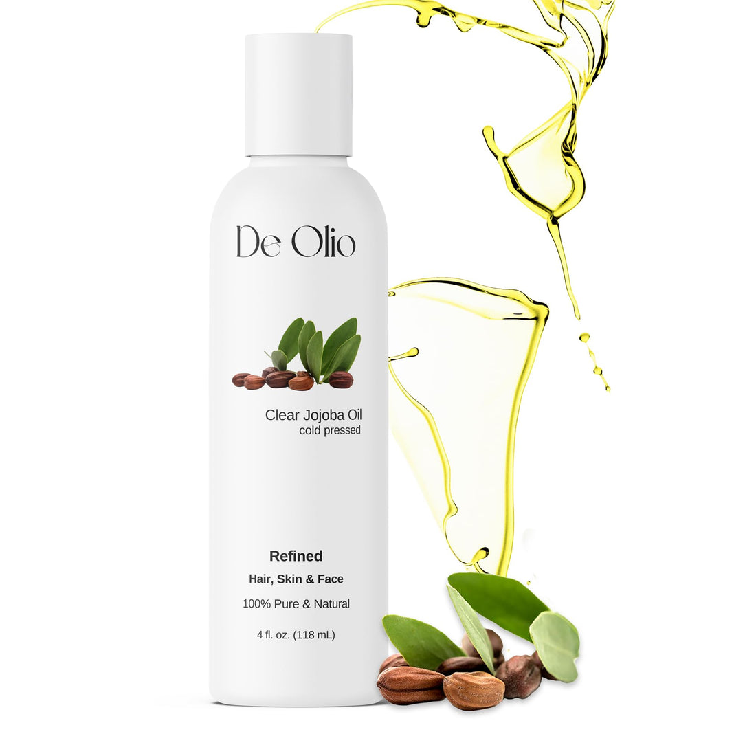 De Olio | Clear Jojoba Oil | 100% Pure & Natural | Face, Hair and Body | Cold Pressed | Soap Making & Massage | Carrier Oils | (4 Fl Oz)