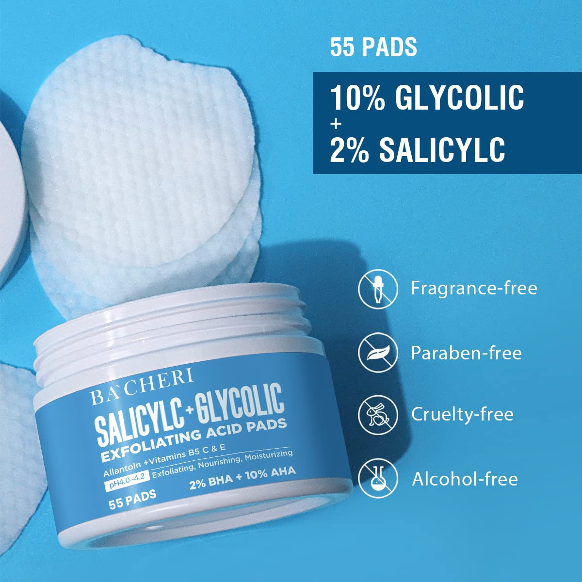 10% Glycolic Acid + 2% Salicylic Acid Peel Pads - BACHERI Resurfacing Pads For Face with Vitamins B5, C & E, Allantoin - Exfoliating Facial Peel for Dark Spots, Blackhead, Acne 55 Pads