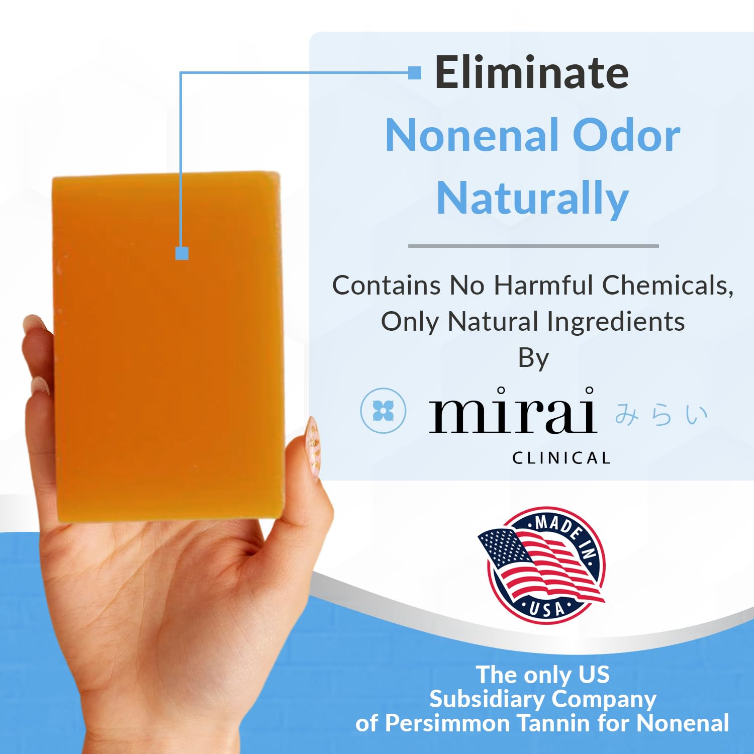 Mirai Clinical Persimmon Soap Bar for Body (100g) - Old People Smell and Nonenal Odor Control with Japanese Persimmon and Green Tea Extract - Deodorant Soap Bar for Men & Women