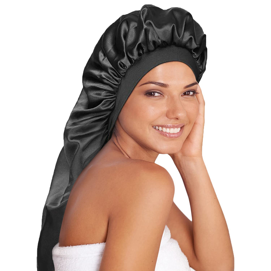 Long Satin Bonnet Sleep Cap Extra Large Silk Sleeping Cap with Wide Elastic Band Loose Night Hat for Women Braids,Curly Hair,Natural Hair,Very Soft & Comfortable (Black)