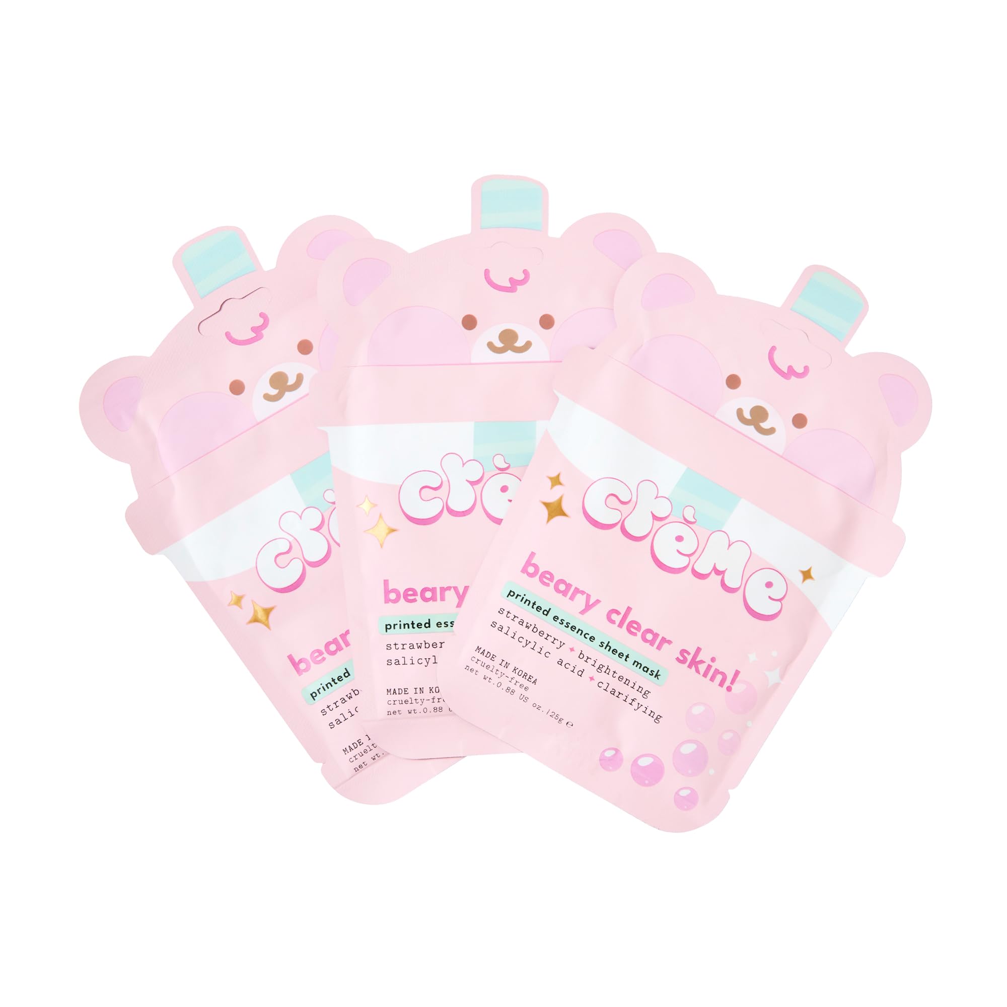 The Crème Shop Boba Bears Beary Clear Skin! Printed Essence Sheet Mask, Korean Skincare (3 Pack)