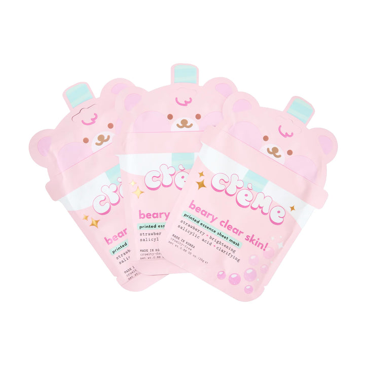 The Crème Shop Boba Bears Beary Clear Skin! Printed Essence Sheet Mask, Korean Skincare (3 Pack)