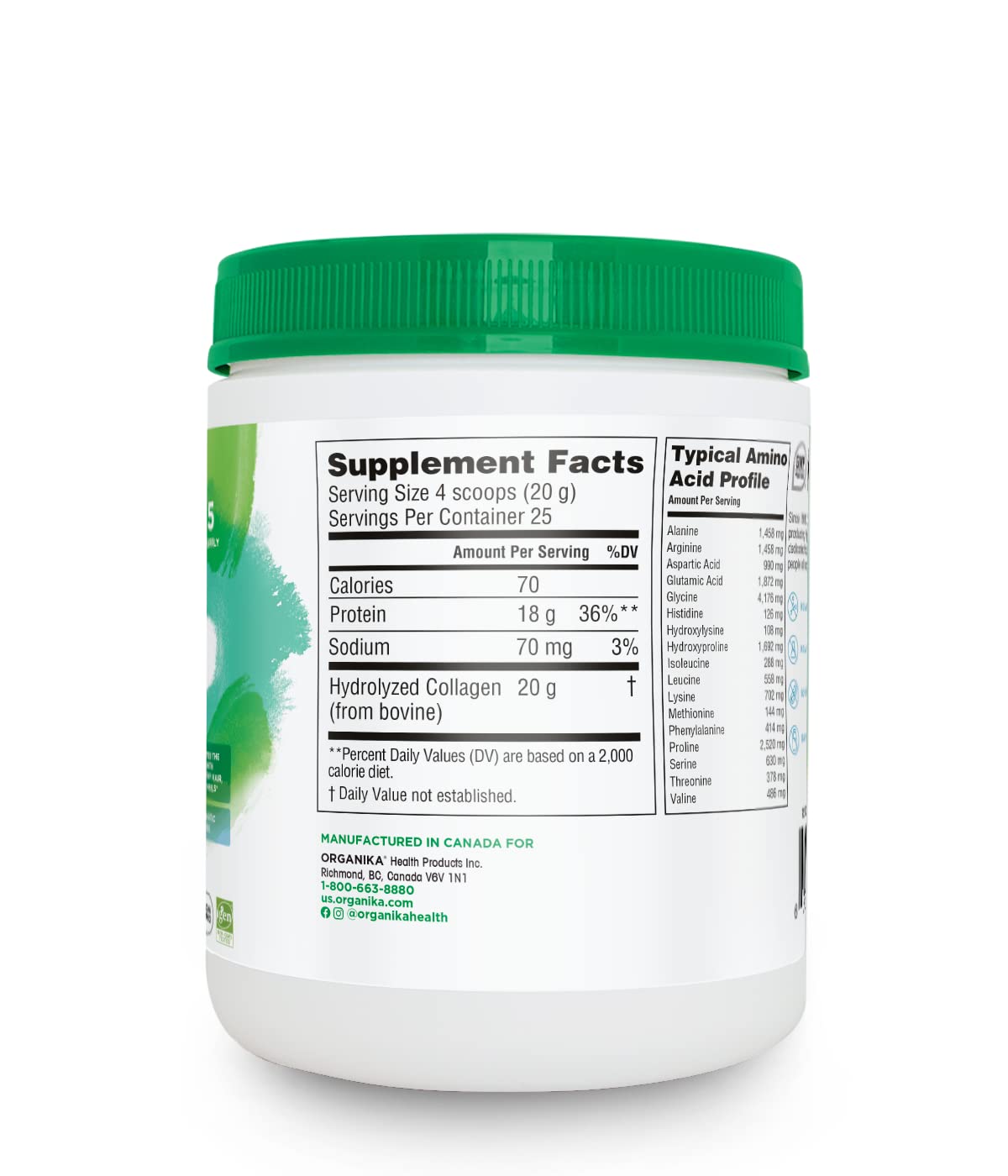 Organika Enhanced Collagen Peptides Protein Powder for Healthy Hair, Skin, Nails, Joints - Hydrolyzed for Better Absorption - Grass-Fed, Non-GMO, Type I and III - Unflavored 17.64 oz