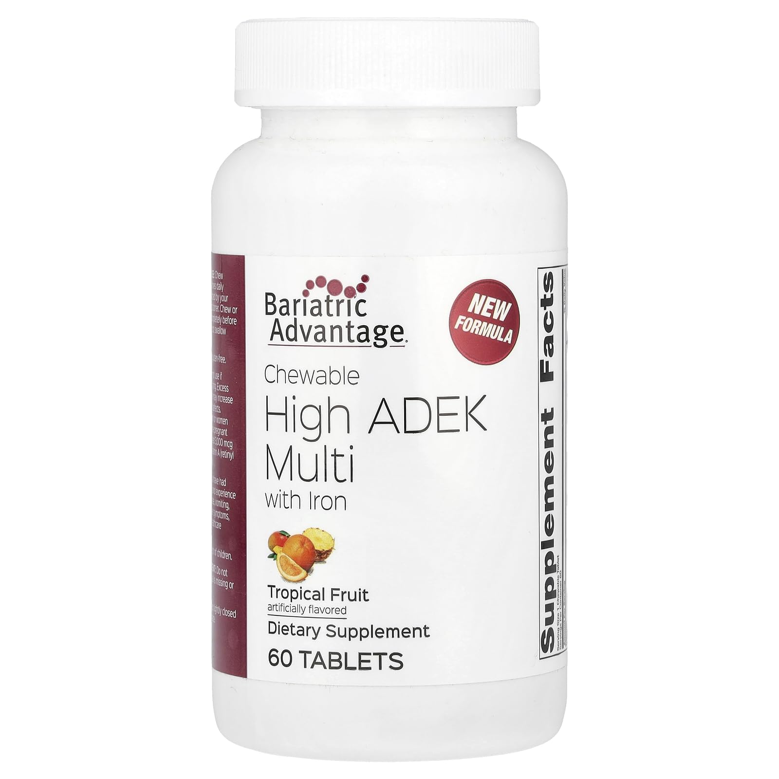 Bariatric Advantage Chewable High ADEK with Iron - for Bariatric Patients - High Potency Vitamin A, D, E & K - Includes B-Vitamins - Chewable Multivitamins - Tropical Fruit - 60 Tablets