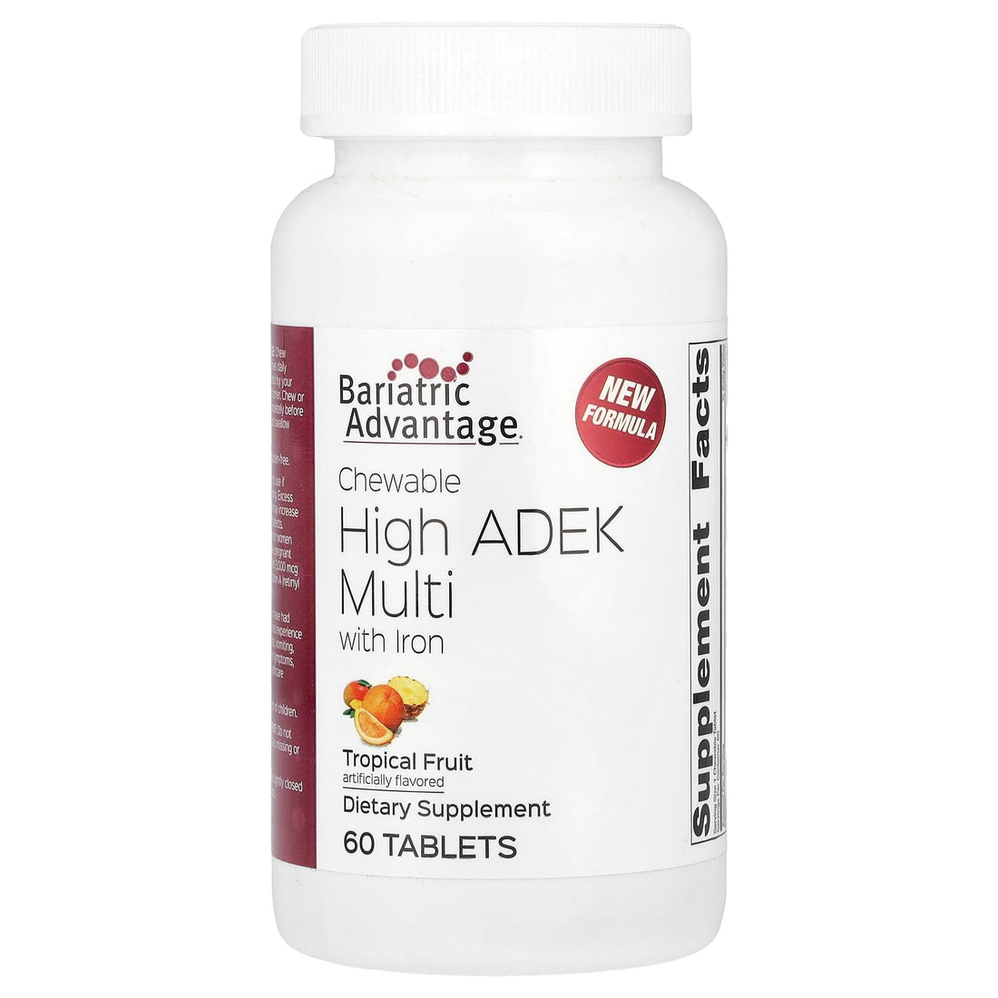 Bariatric Advantage Chewable High ADEK with Iron - for Bariatric Patients - High Potency Vitamin A, D, E & K - Includes B-Vitamins - Chewable Multivitamins - Tropical Fruit - 60 Tablets
