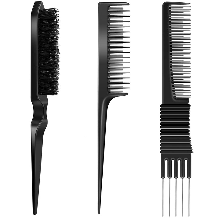 3 Pieces Pick Teasing Combs Hair Brush Set Includes Black Carbon Lift Teasing Combs with Metal Prong, Triple Pin Rat Tail Comb, Nylon Bristle Hair Comb Brush for Women (Black)