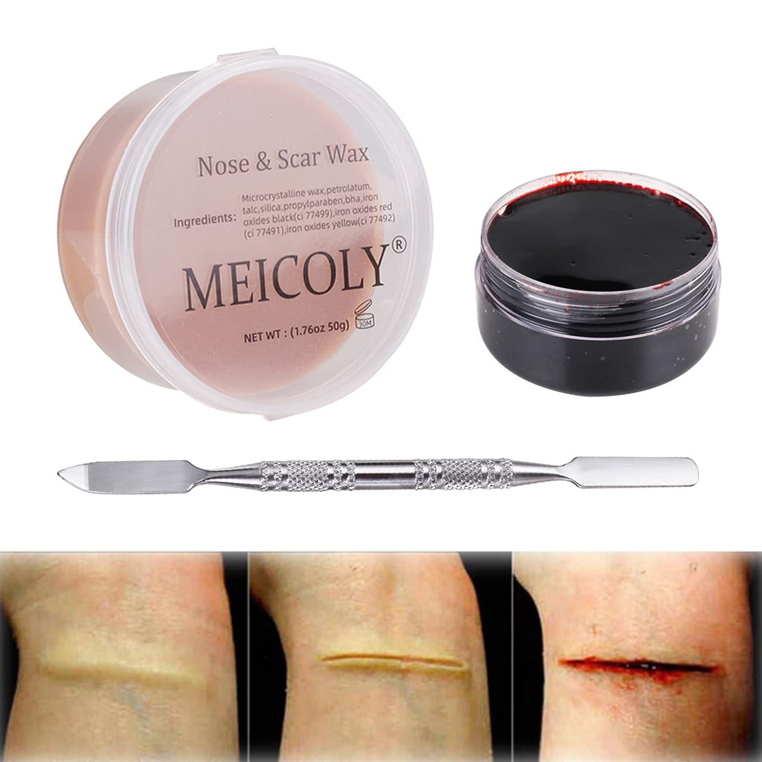 MEICOLY 3pcs SFX Special Effects Makeup Kit - Fake Nose Putty, Scar Wax, Fake Blood Scab Gel, Dark