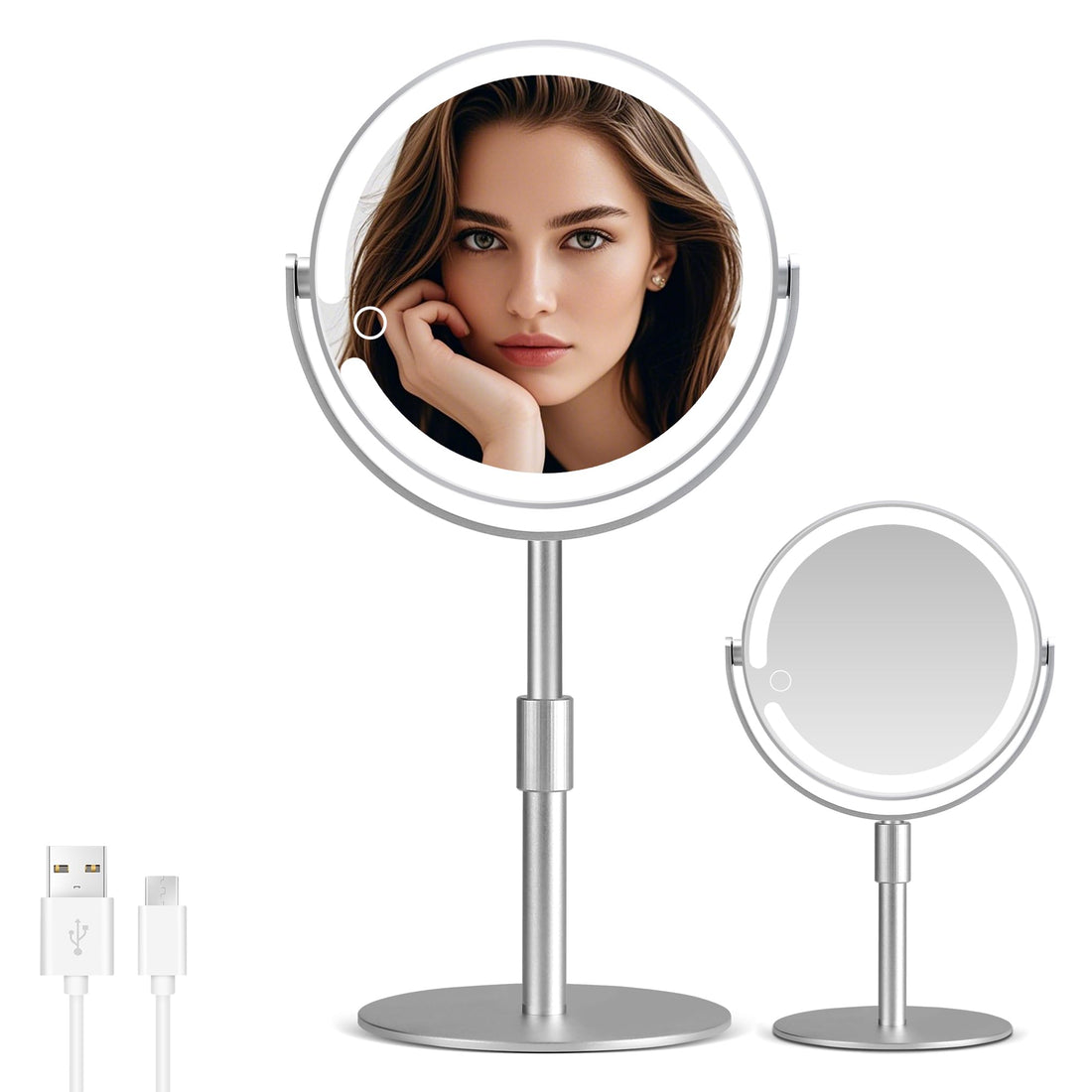 MOMOKUBA Magnifying Mirror with Light 20X, Height-Adjustable Lighted Makeup Mirror with Magnification, Double - Sided Aluminum Alloy LED Mirror, 3 Lighting Modes Ideal for Desk Bathroom Makeup, Silver