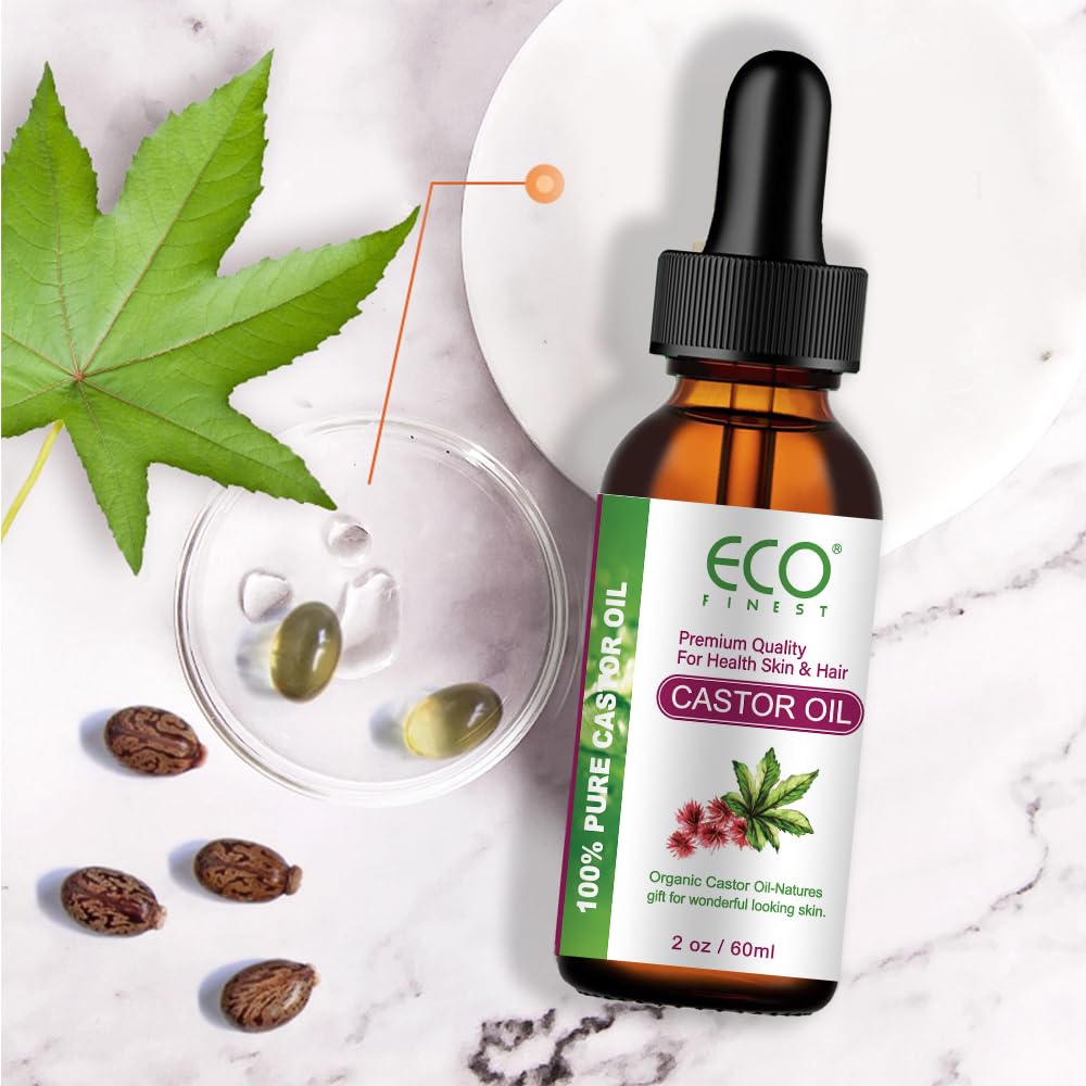 ECO Pure Natural Cold Pressed Organic Castor Oil, Suitable for Eyelashes, Eyebrows, Hair, Skin, and Nails, Nourishing and Moisturizing -20oz/60ml