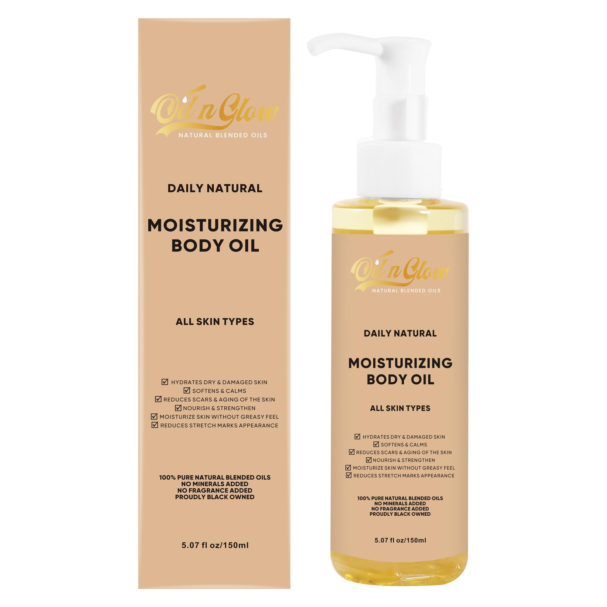 OilnGlow 100% Pure Natural Hydrating Body Oil After Shower with Vitamin E, Coconut, Jojoba, Olive & Sweet Almond Moisturizing Body Oil For Women & Men Dry Skin - Unscented 5.07 fl oz/150ml